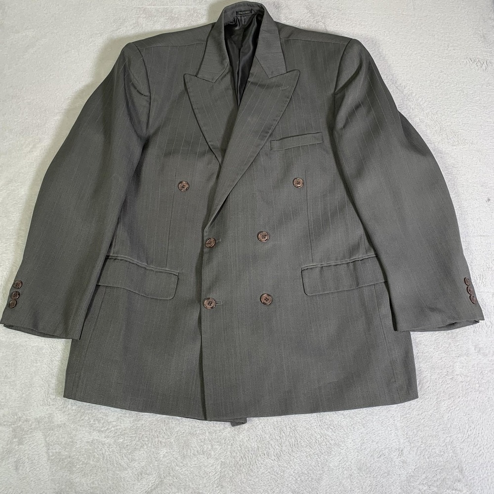 Preferred Suit Jacket Mens 46R Gray Pinstripe Double Breasted Peak Lapel Classic